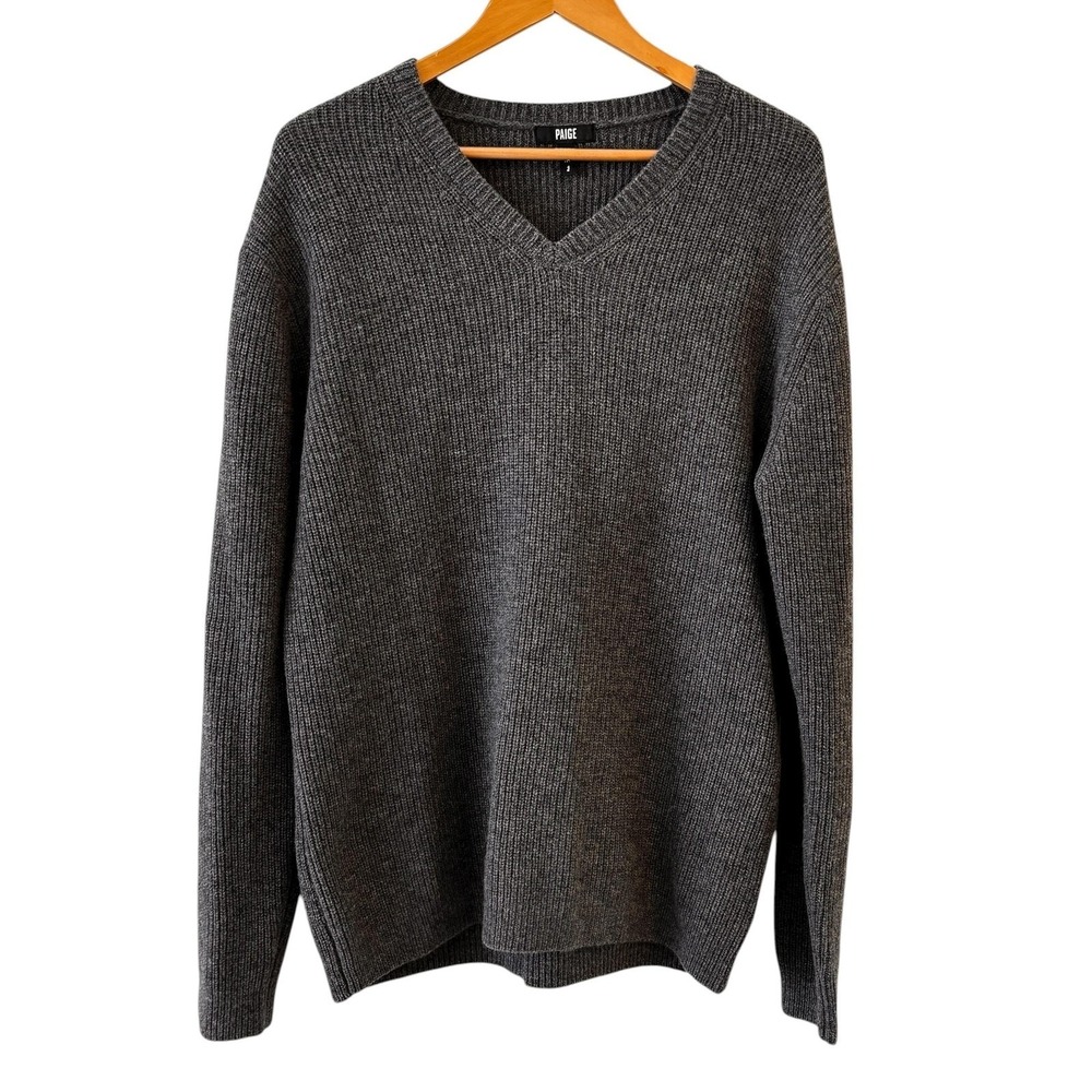 PAIGE  Recycled Wool Rib Knit V Neck Sweater Mens M Heather Steel Minimalist‎